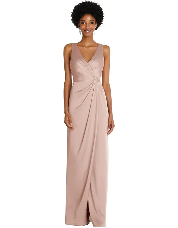Faux Wrap Satin Maxi Dress With Draped Tulip Skirt