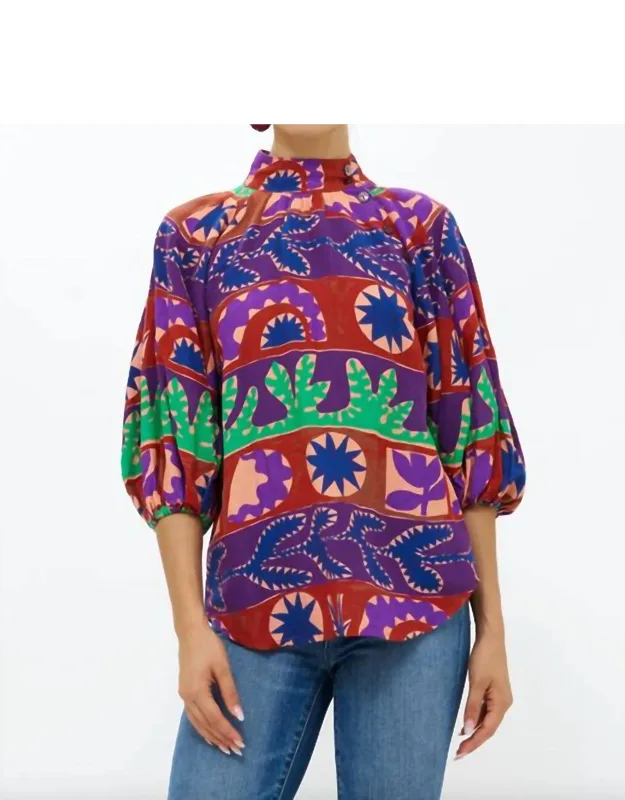 Button Neck Blouse With Chic Mockneck And Three-quarter Sleeves