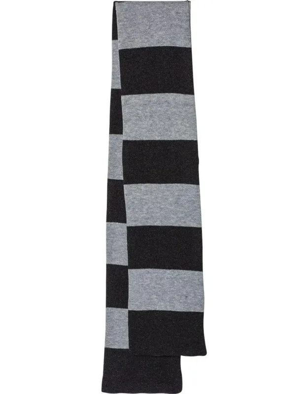 Scarf 100% Acrylic Knit, Heather Black/ Heather Grey Is 80/20 Polyester/ Acrylic