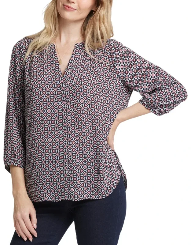 Pintuck Blouse With Billowy Sleeves And Split Round Neckline