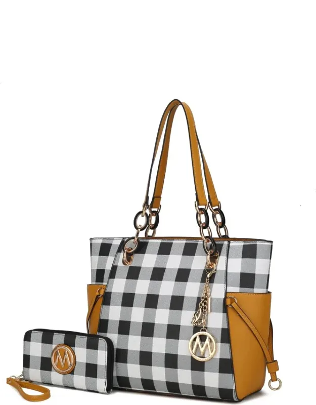Yale Checkered Tote Handbag With Wallet