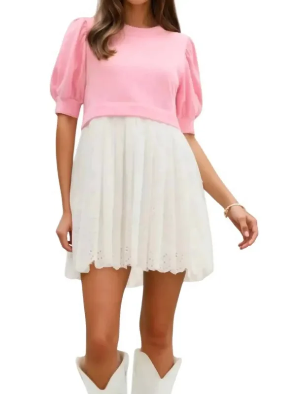 Two-tone Pleated Eyelet Mini Dress