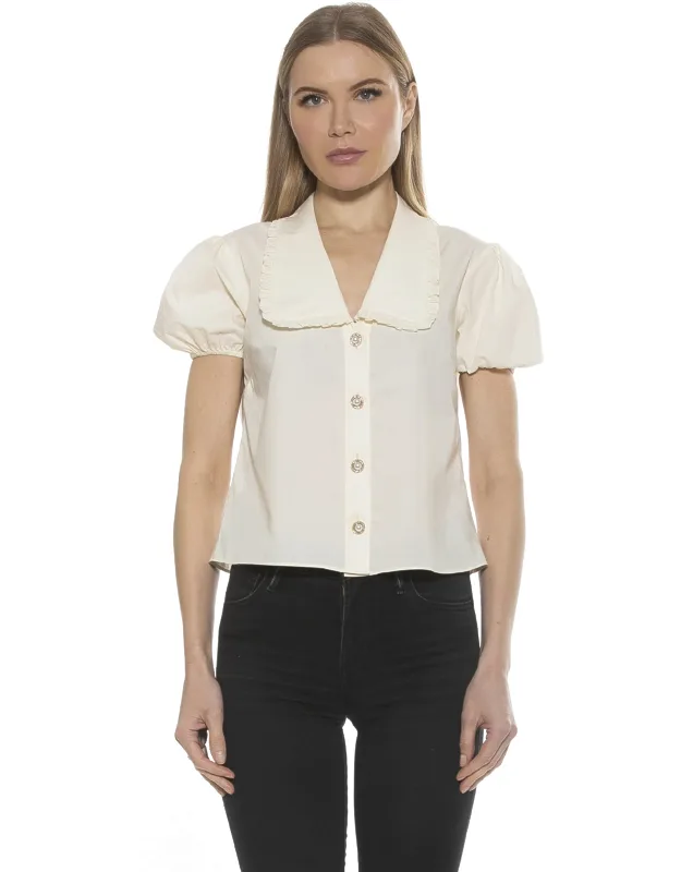 Sandra Cropped Top With Collar Neckline And Puff Sleeves