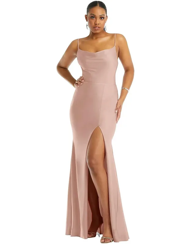 Cowl-neck Open Tie-back Stretch Satin Mermaid Dress With Slight Train, Floor-length Gown, Elegant Slight Train