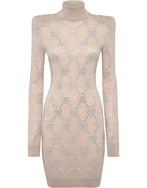 Knitted Strass Mini Dress With Padded Shoulders