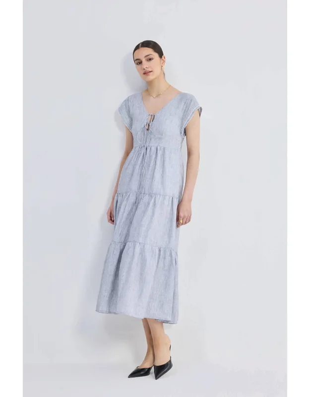 Maxi Tired Dress With Front-ties In Linen Stripes