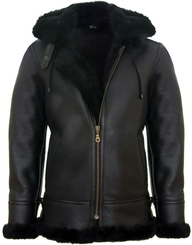 Hooded Sheepskin Leather B3 Flying Jacket-columbus With Adjustable Hood And Thick Lining