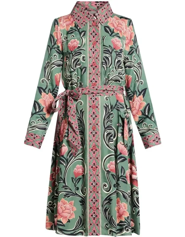 Midi Dress, Arabesque Floral With Point Collar And Self Tie Belt