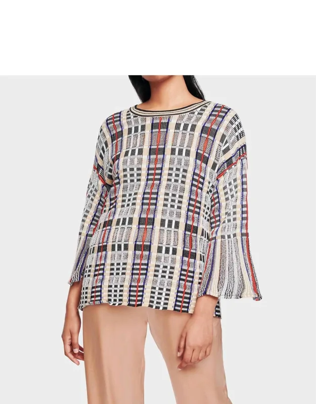 Plaid Flare Sleeve Crewneck Blouse