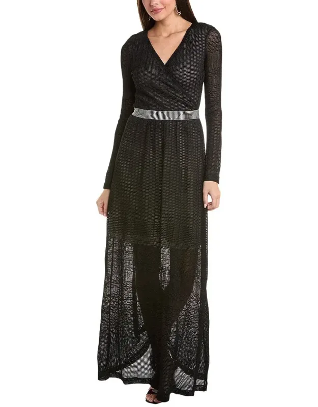 Knit Long Maxi Dress With Surplice Bodice And Ribbed Elastic Waistband