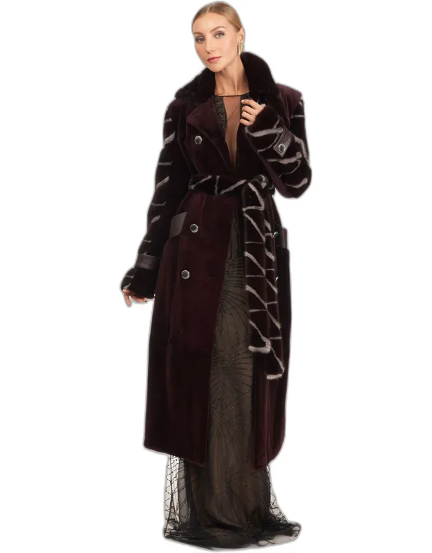 Sheared Mink Coat With Intarsia Sleeves And Belt