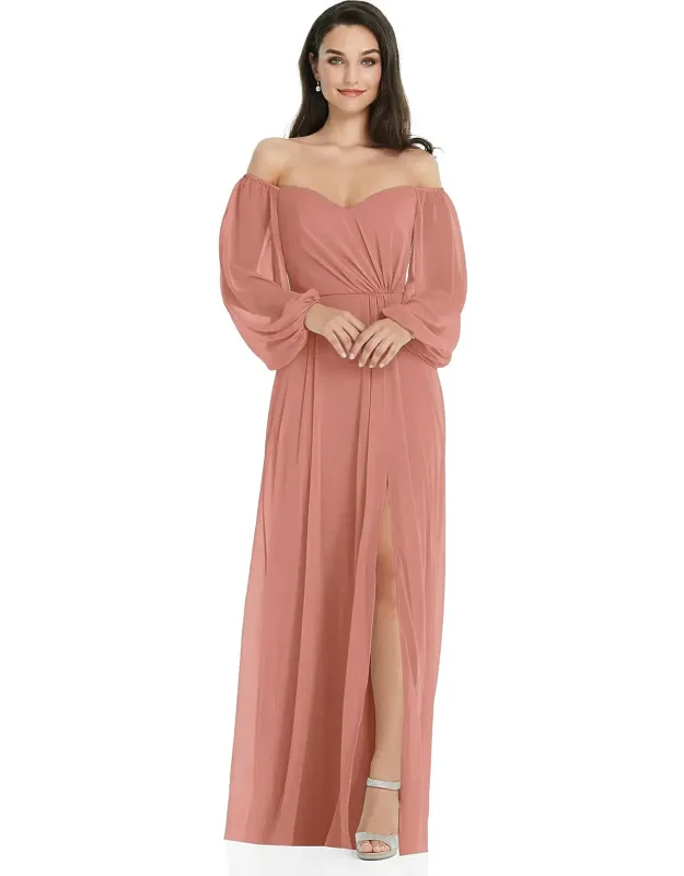 Off-the-shoulder Puff Sleeve Maxi Dress With Front Slit