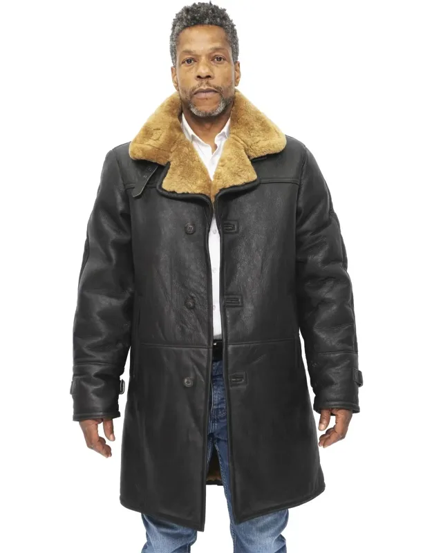Warm Shearling Sheepskin Crombie Coat-leiston With Insulated Woollen Lining And Wide Notched Collar