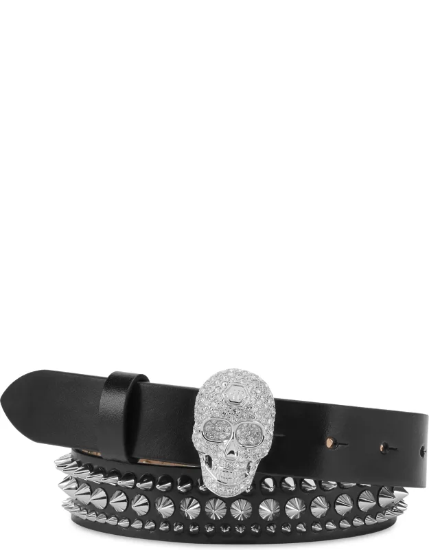Leather Belt With Skull Buckle And Leather Lining