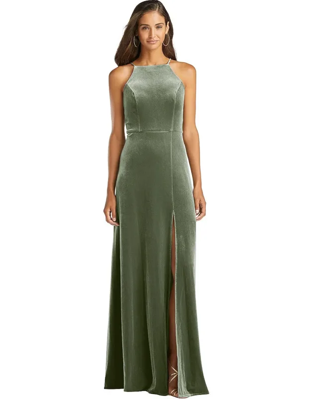 Velvet Halter Maxi Dress With Front Slit