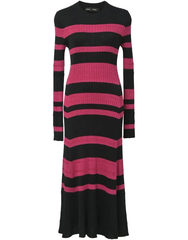 Striped Rib Knit Long-sleeve Midi Dress
