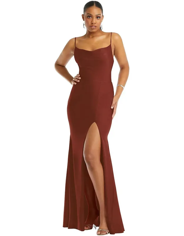 Cowl-neck Open Tie-back Stretch Satin Mermaid Dress With Slight Train, Floor-length Gown, Elegant Slight Train