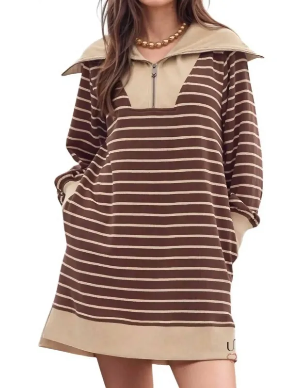 Stripped Zipper Neckline Sweatshirt Dress