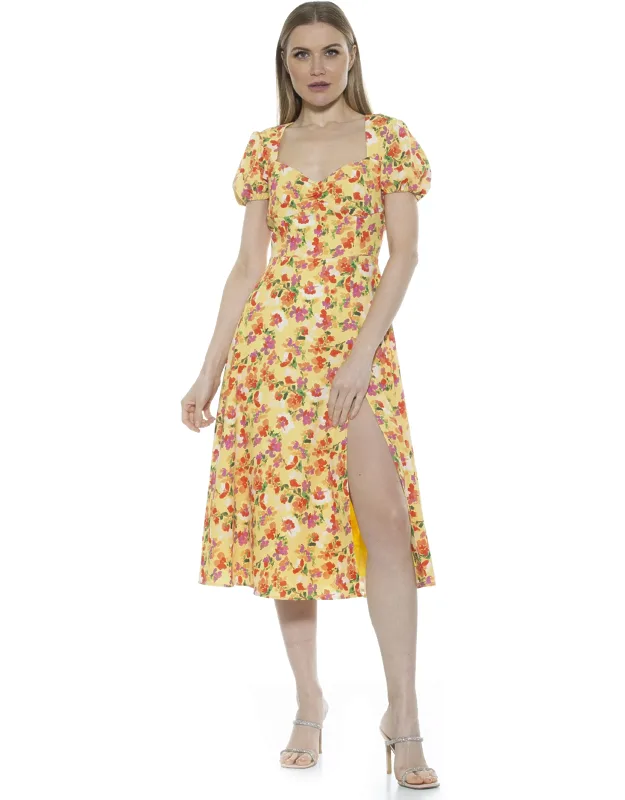 Gracie Midi Dress With Sweetheart Neckline And High Front Slit