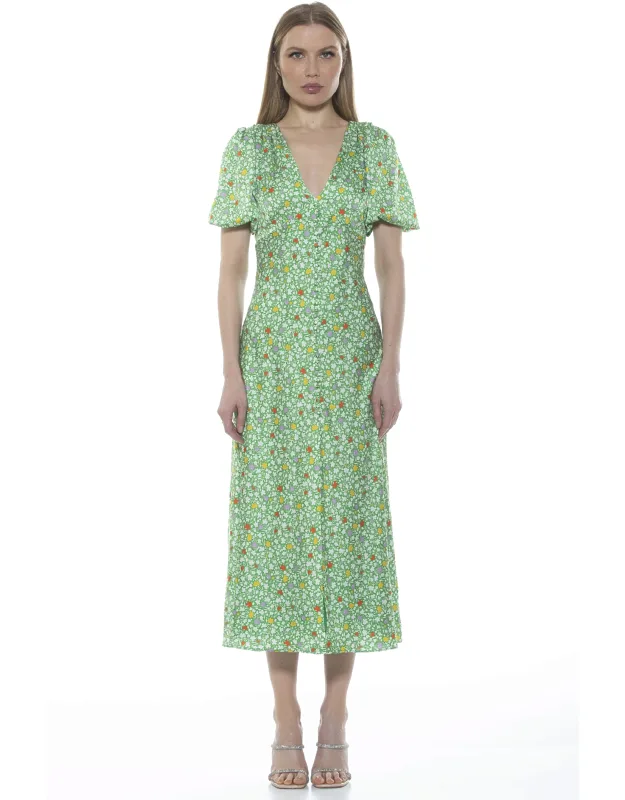 Lorelei Dress With Deep V-neck And Puff Sleeves