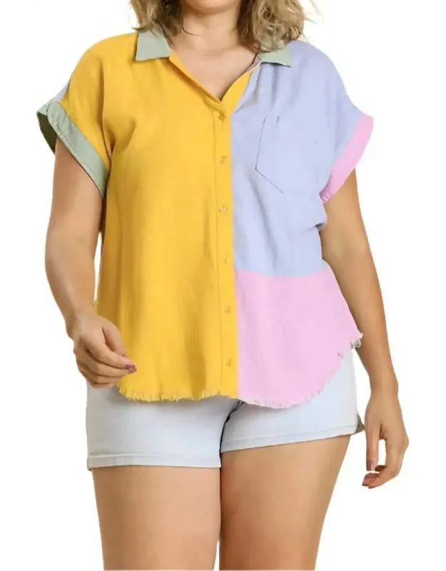 Color Block Gauze Top With Lightweight Button-down And High-low Frayed Hem