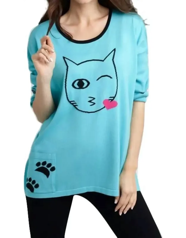Cat Kiss Graphic Sweater With Scoop Neck And Pullover Styling