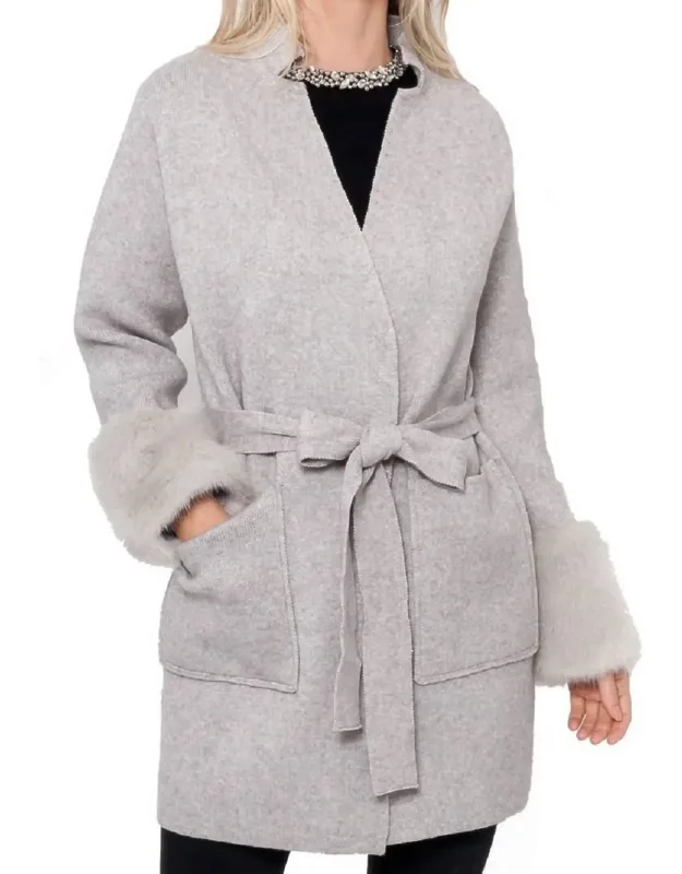 Knit Cardigan With Faux Fur Trim