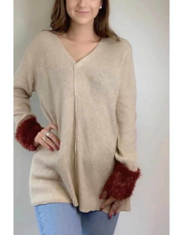 V Neck Sweater With Fur Accent Cuffs