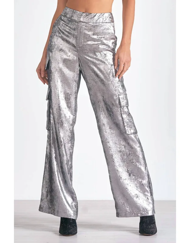 Cargo Pant With Satin Metallic Fabric And Zip Closure