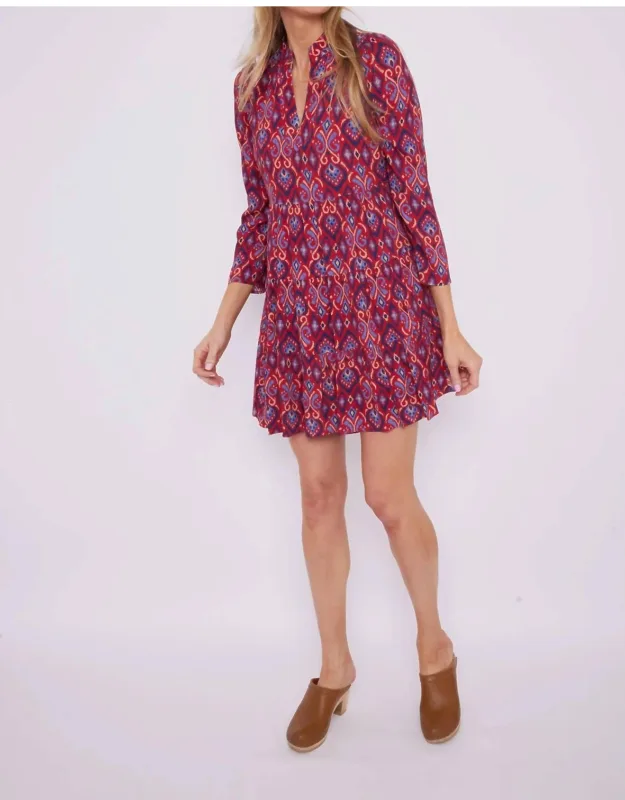 _crimson Long Sleeve Dress In Ikat With Tiered Skirt And V-neckline_