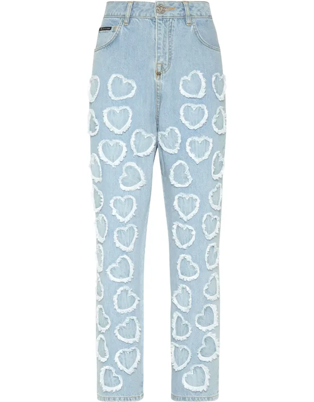 Denim Trousers Loose Fit With Frayed Heart-shaped Applications