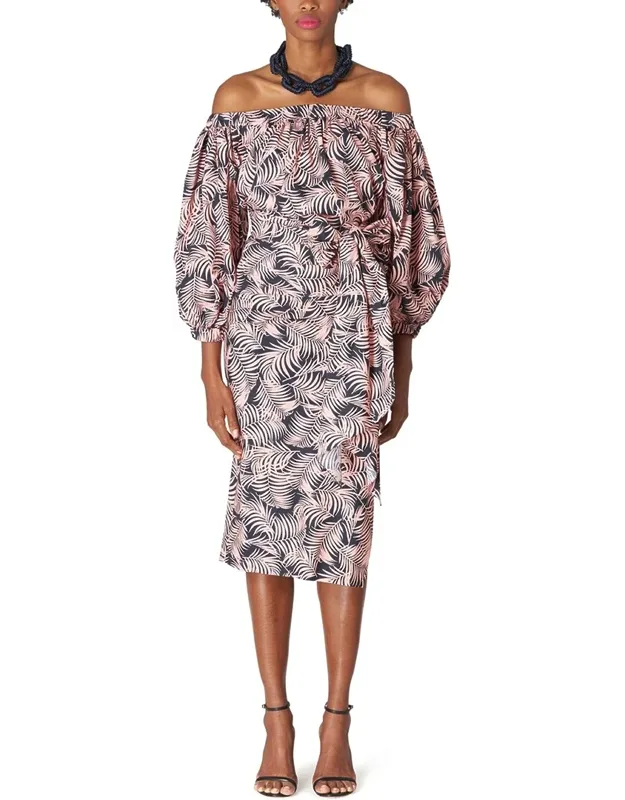 Off Shoulder Puff Sleeve Ruched Midi Dress