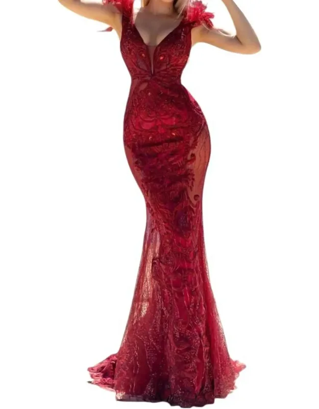 Feather Straps Embroidered Illusion Dress