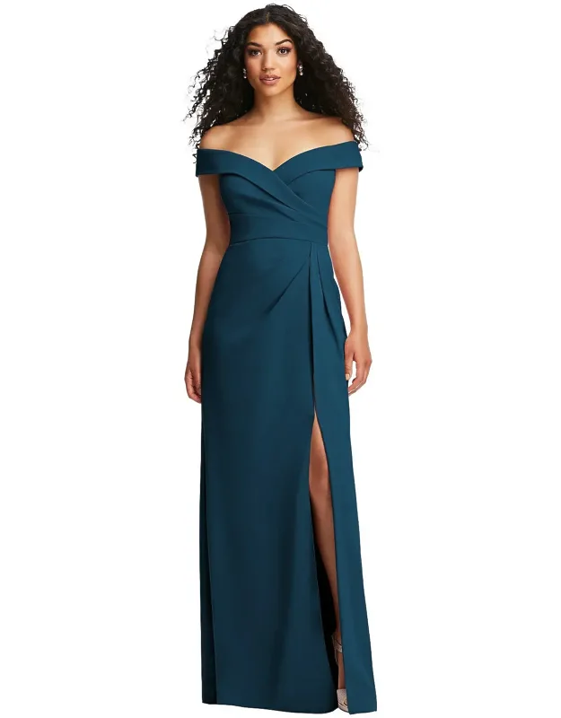 Cuffed Off-the-shoulder Pleated Faux Wrap Maxi Dress With Slit Detail And Alluring Quality