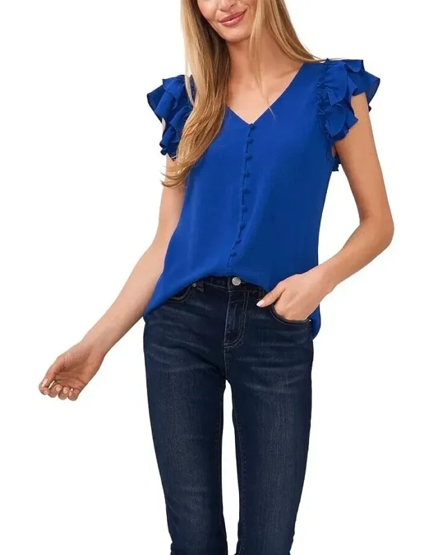 Ruffle Button Front V-neck Blouse