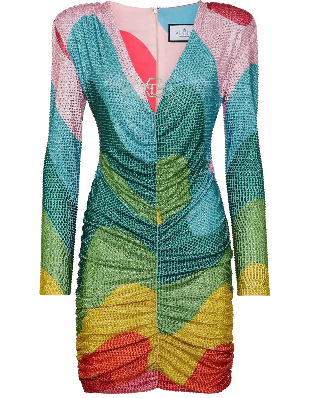Padded Shoulder Mini Dress With Crystals And Rainbow Stripes