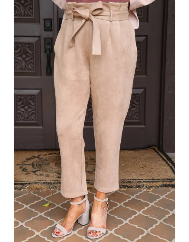 Faux Suede Paper Bag Waist Pants With Tie