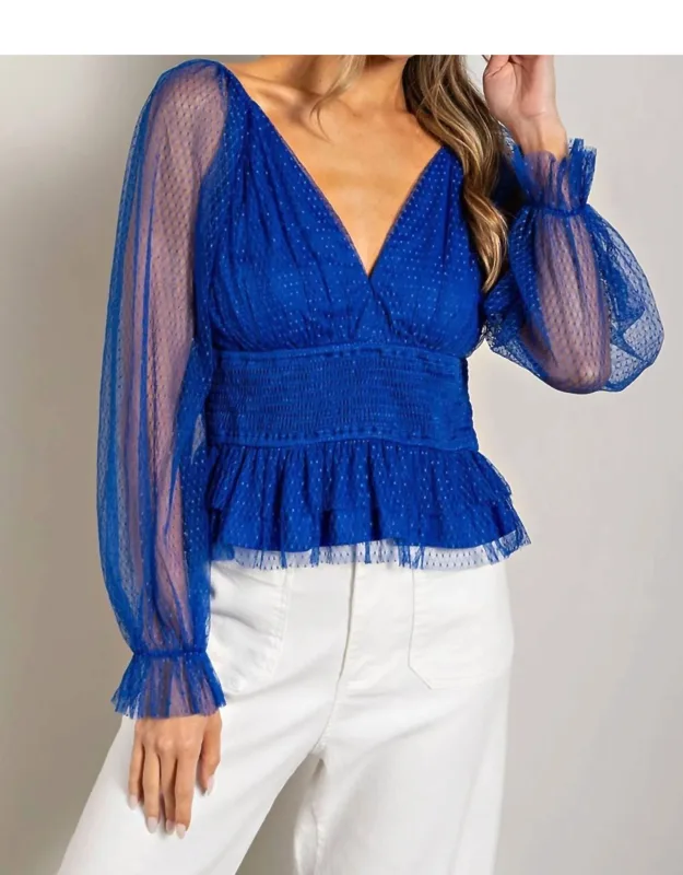 V Neck Mesh Dot Sleeve Blouse