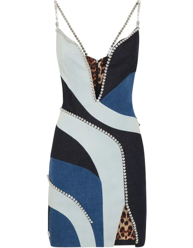 Denim Mini Dress With Rhinestone Trim Finish And Straps, Plunging Neckline