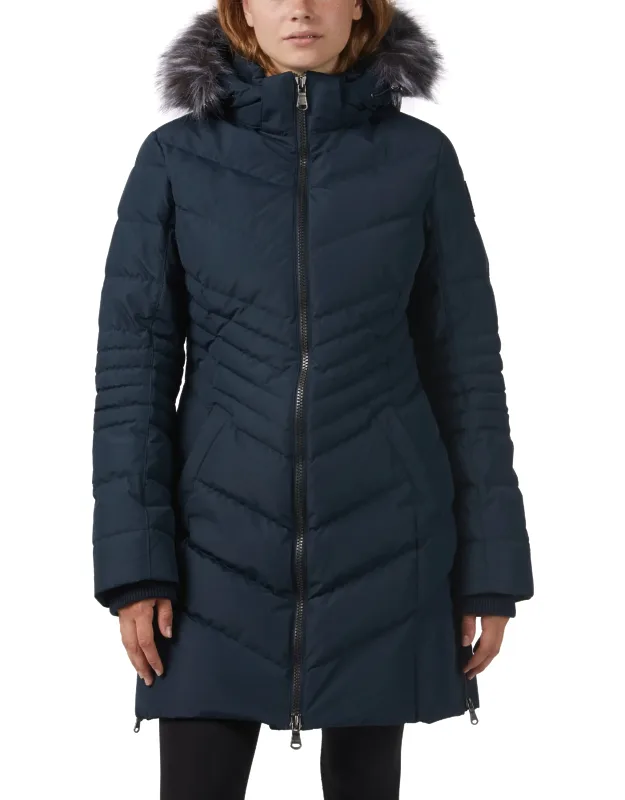 Pajar Queens Faux Fur Trim Chevron Quilt Mid Length Coat With Detachable Hood And Water Repellent Design