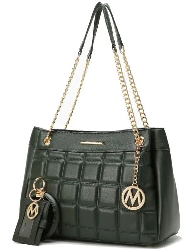 Mabel Quilted Vegan Leather Shoulder Bag With Bracelet Keychain And Credit Card Holder - 2 Pieces