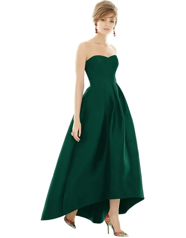 Strapless Satin High Low Dress With Pockets