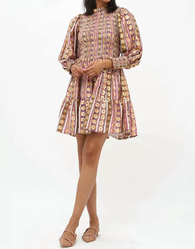 Smocked Flirty 3/4 Sleeve Dress With Lightweight Cotton Voile And Gold Paint Detailing