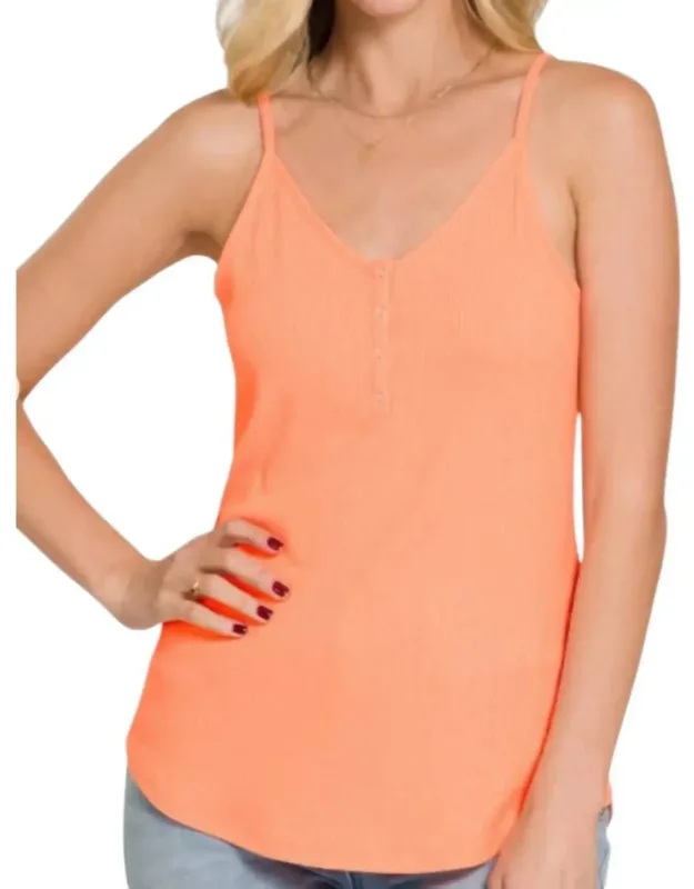 Ribbed Button V-neck Tank Top - Adjustable Style, Textured Look