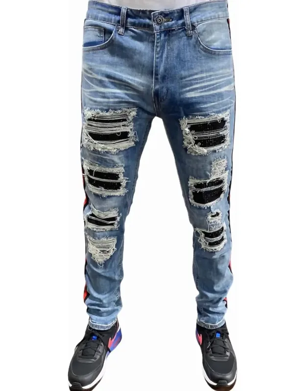 Rhinestone Patch Side Tape Denim Jeans