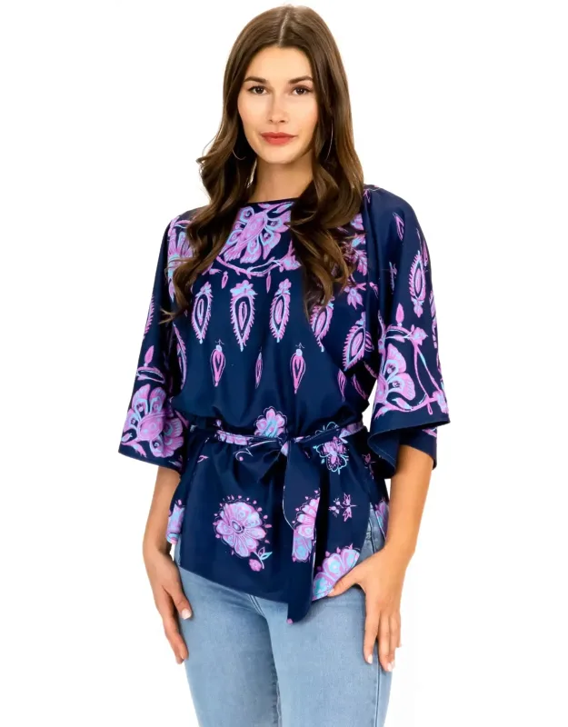 Sivan Top Blouse With Adjustable Waist Tie And Wide Sleeves
