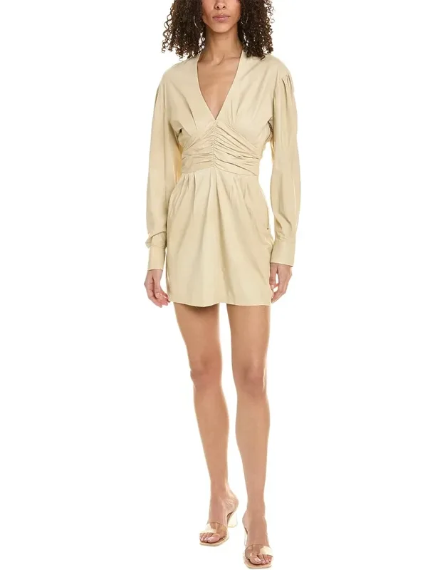 Leather Mini Dress With Ruched Waist And Snap Cuffs