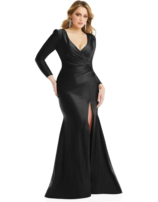 Draped Wrap Stretch Satin Mermaid Dress With Slight Train