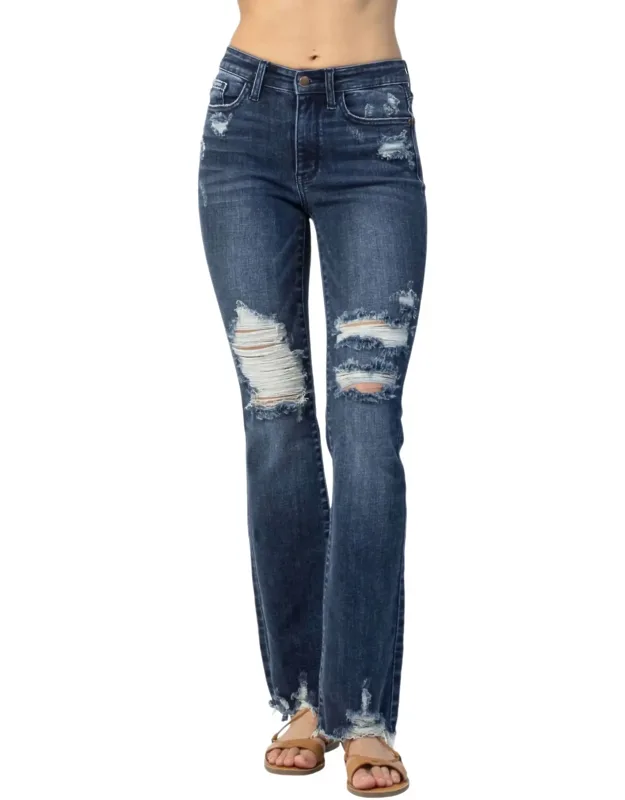 Mid Rise Contrast Destroy Slim Bootcut Jeans