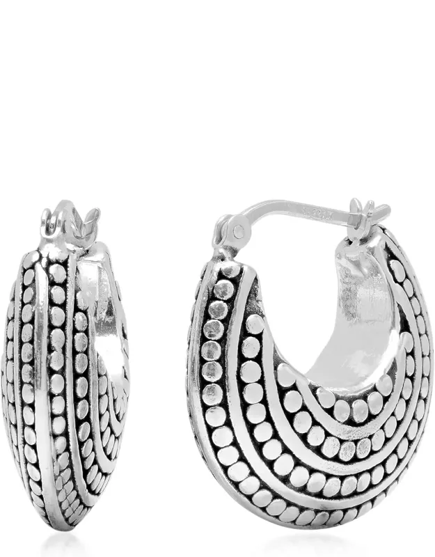 Sterling Silver Balinese Inspired Click Top Round Hoop Earring